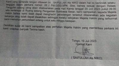 Sidang Pertama Sengketa Tanah Yang Obyeknya di Desa Tonggo Sumbawa Barat Tergugat tidak hadir.